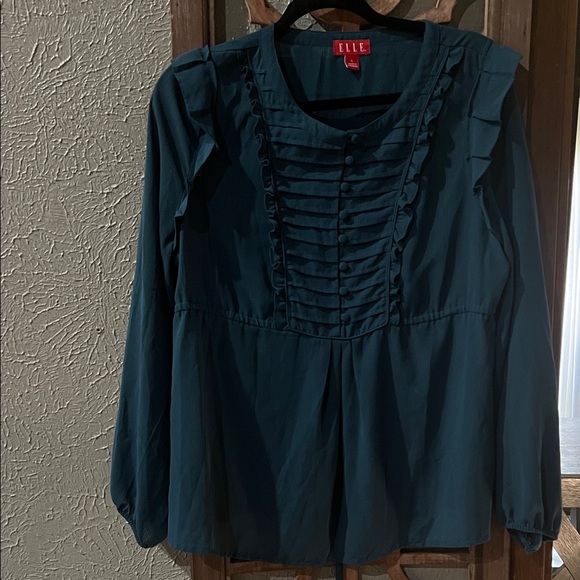Elle Tops - Elle Blue Green Ruffle Peasant Blouse